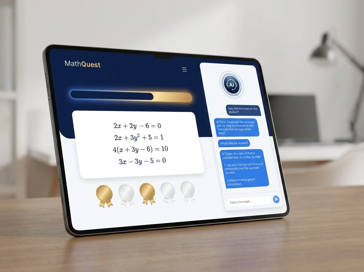 MathQuest AI tutor interface — modern dashboard met wiskundeopgaven en voortgang