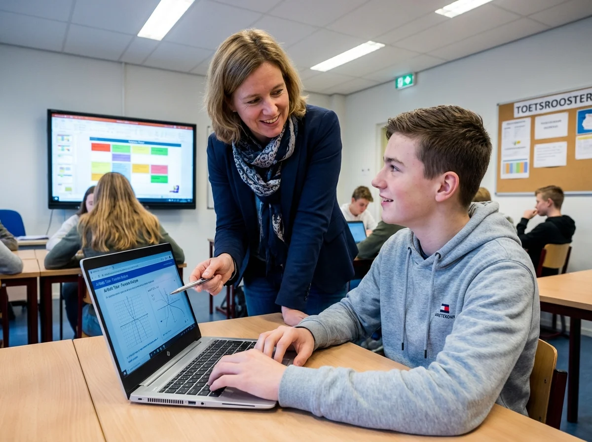 Docent helpt leerling met wiskunde op laptop in Nederlandse klas