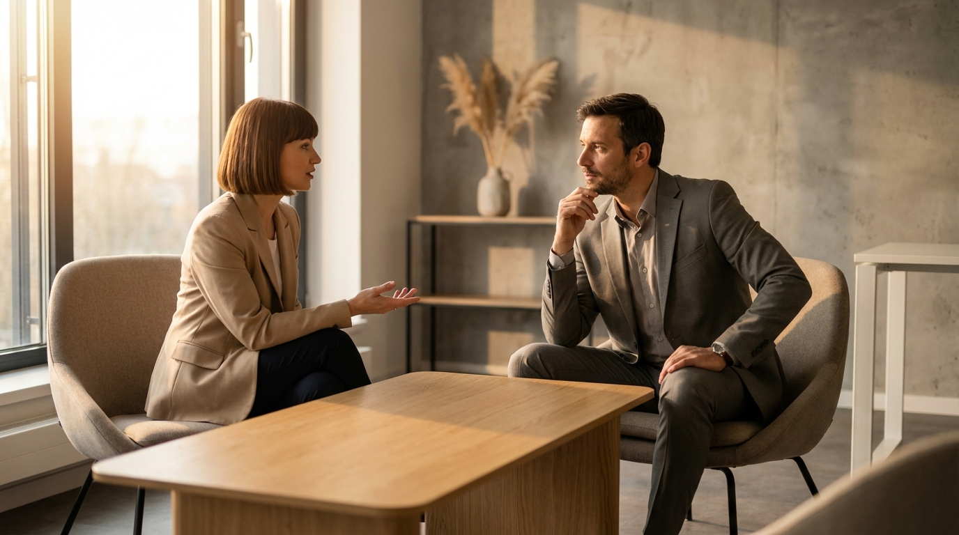 Twee senior executives in persoonlijk gesprek in een warm, modern kantoor